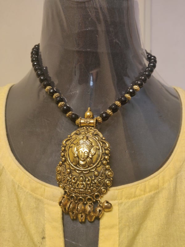 semi precious black beads with oxidized pendant necklace