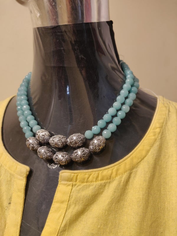 2 Layers semi precious black beads with oxidized beads necklace