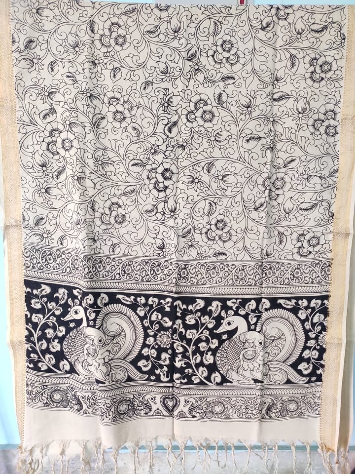 Kalamkari cotton dupatta with zari border