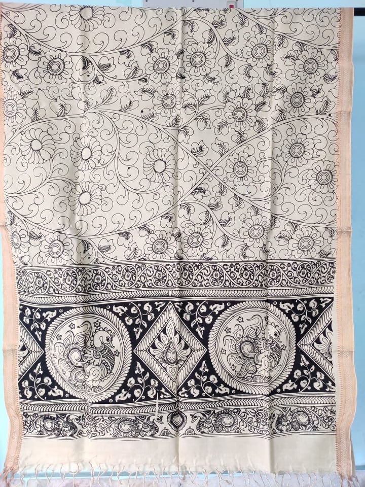 Kalamkari cotton dupatta with zari border