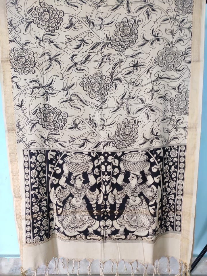 Kalamkari cotton dupatta with zari border