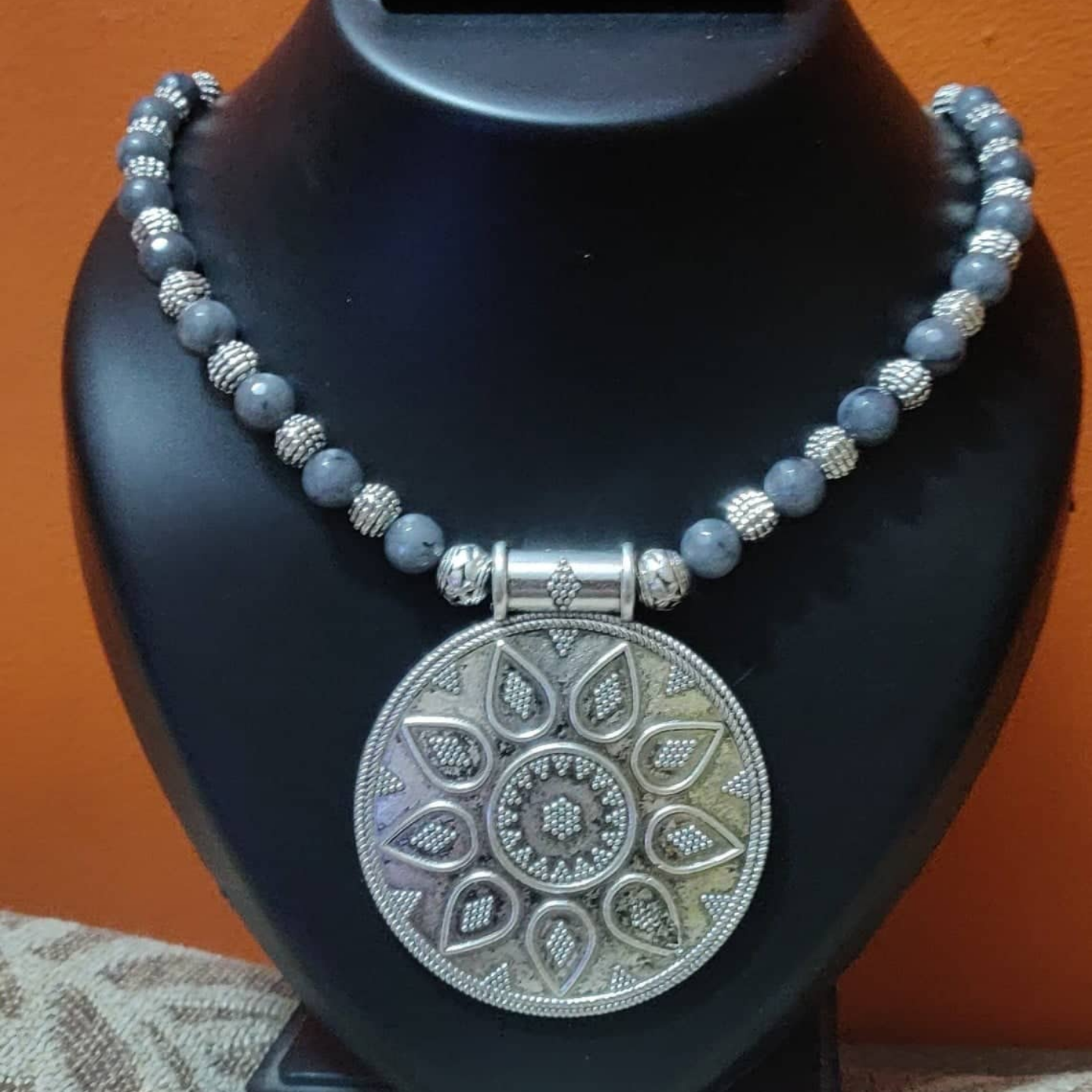 Semi precious beads with oxidized beads and pendant necklace