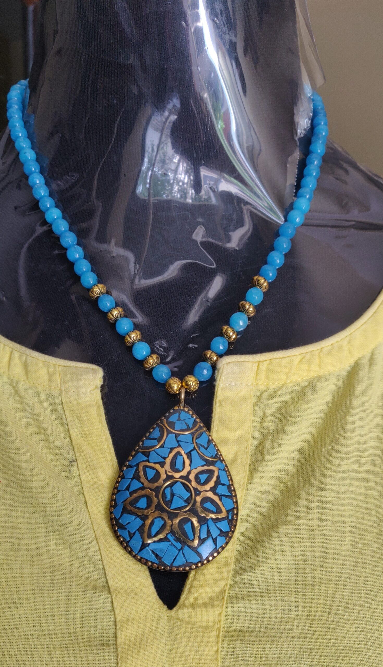 Semi precious beads necklace with Drop shape Jaipuri Pendants