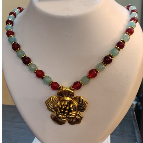 Multi colour Semi precious beads necklace with oxidized pendant
