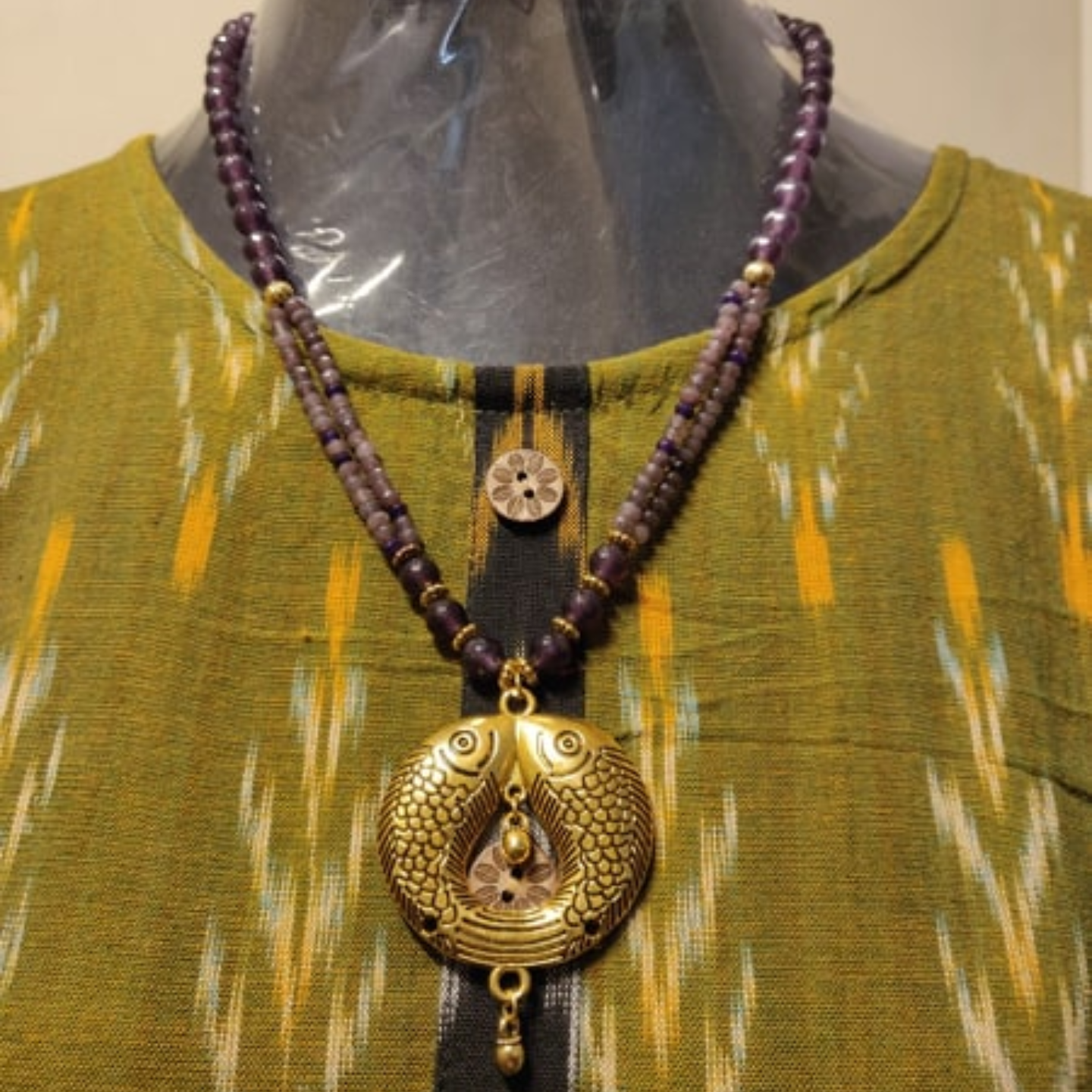 Semi precious beads with oxidized pendant necklace