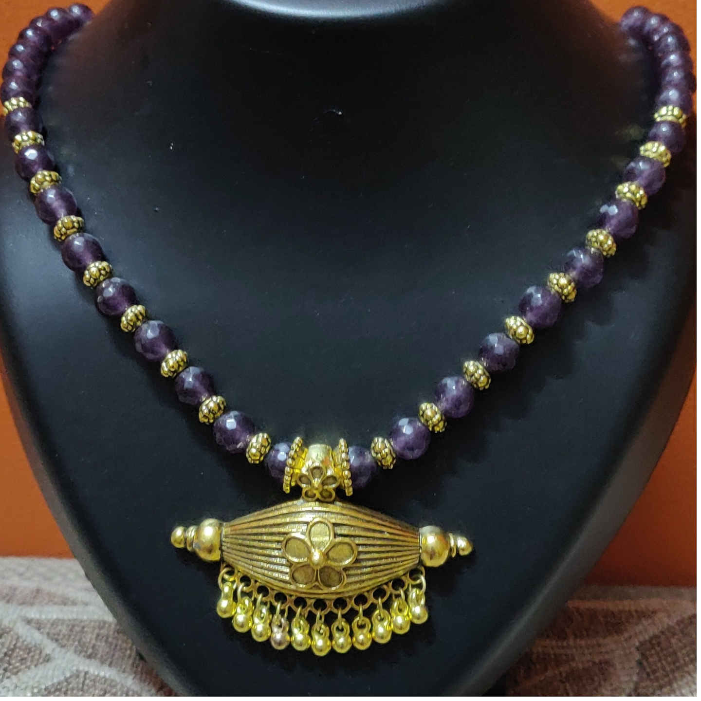 Semi precious beads with Oxidized pendant necklace