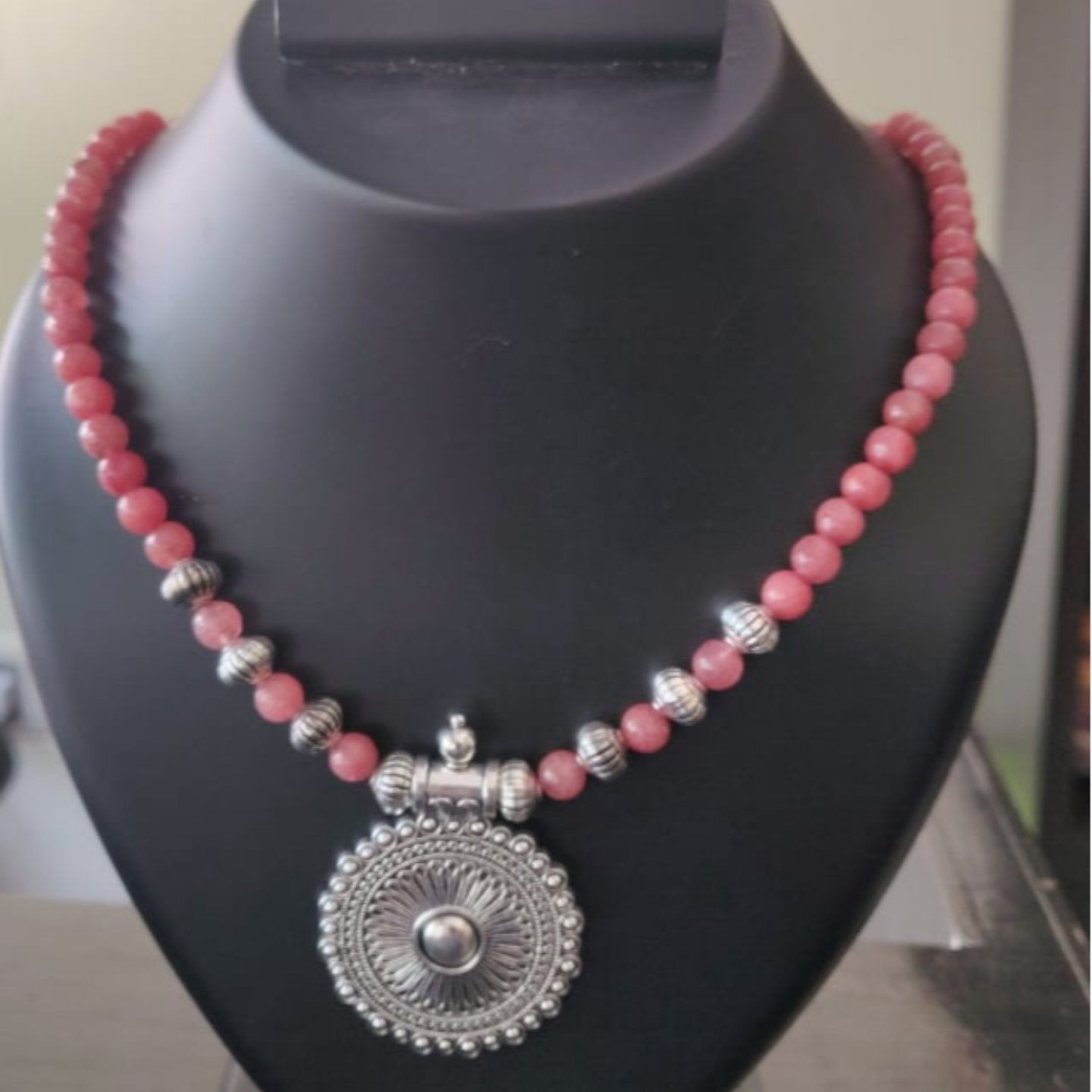 Semi precious beads with oxidized pendant necklace