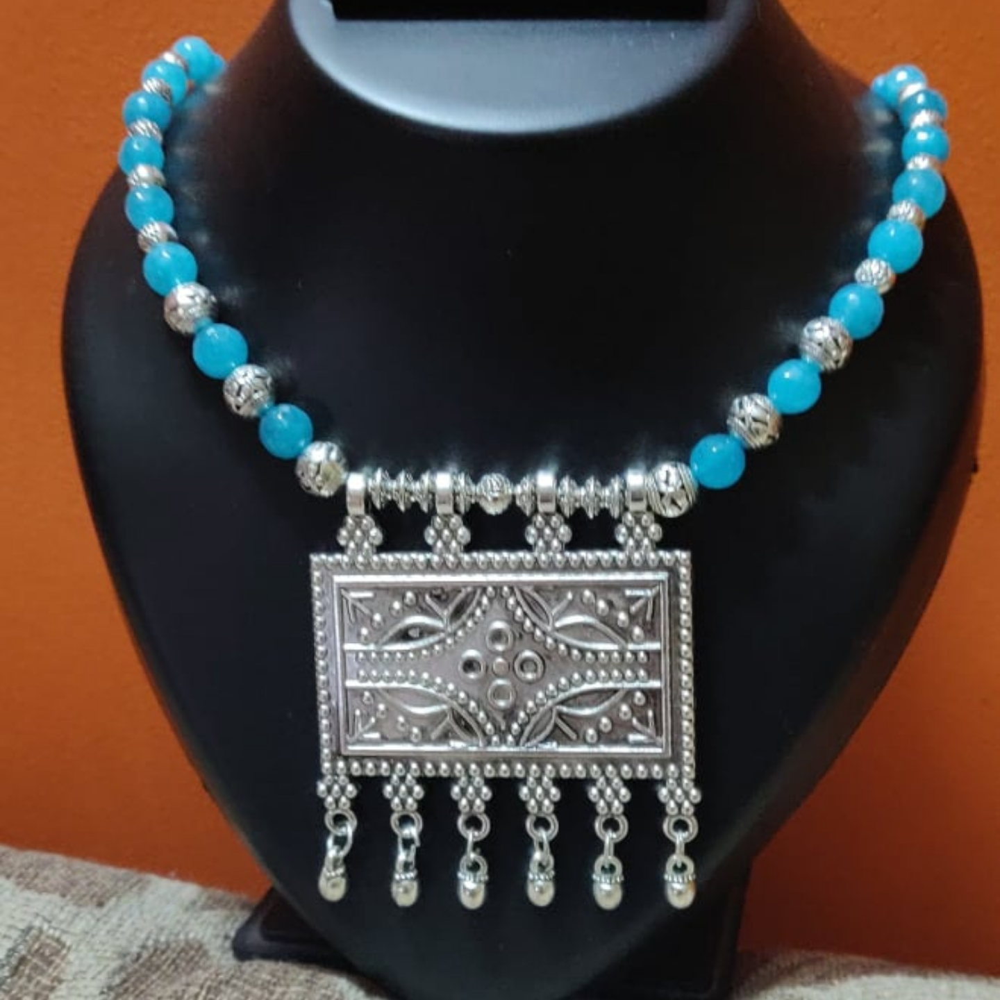 Semi precious beads with big Oxidized pendant necklace