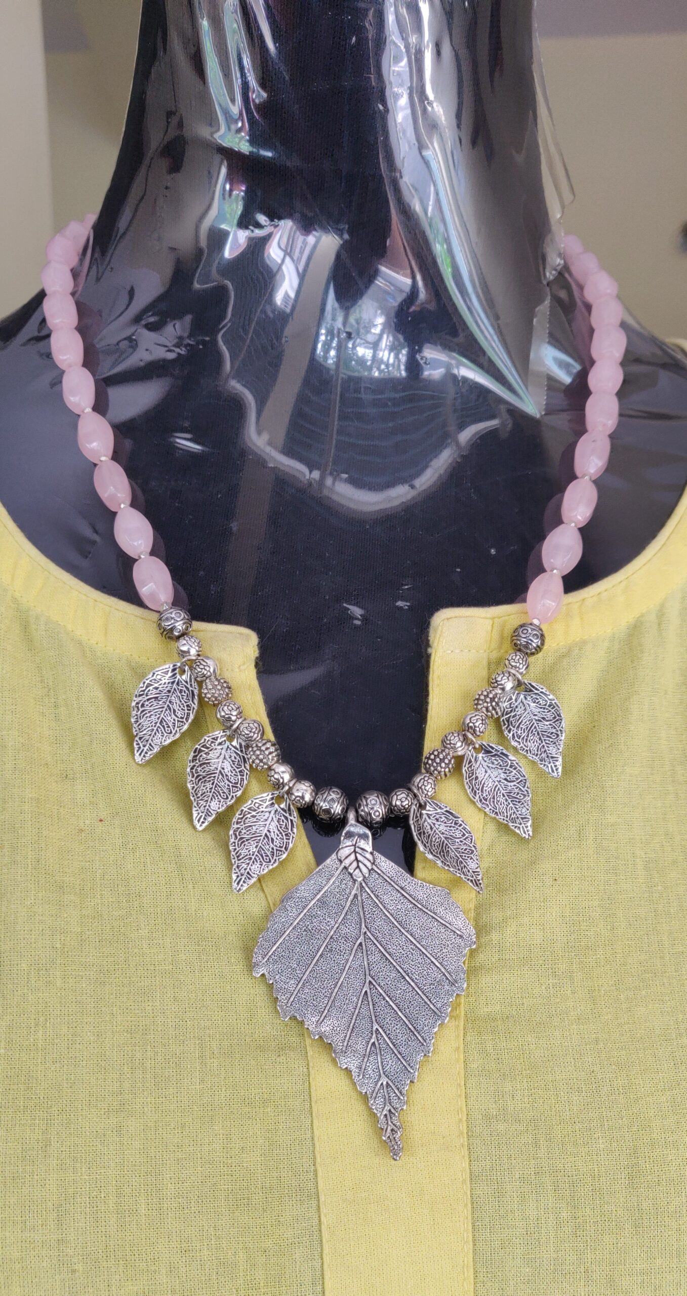 Semi precious beads with oxidized charms and leaf pendant necklace