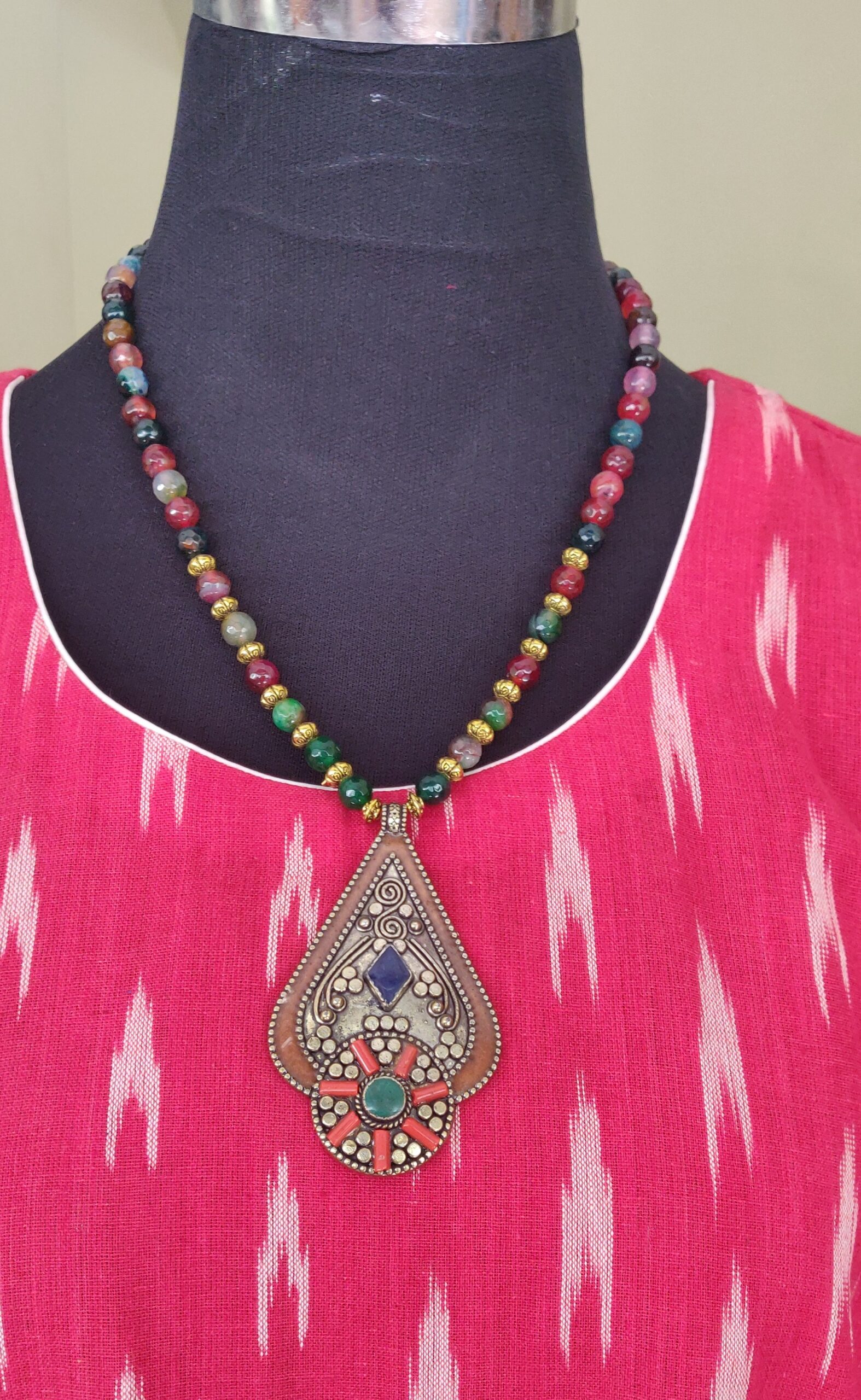 Multi color semi precious and brass beads necklace