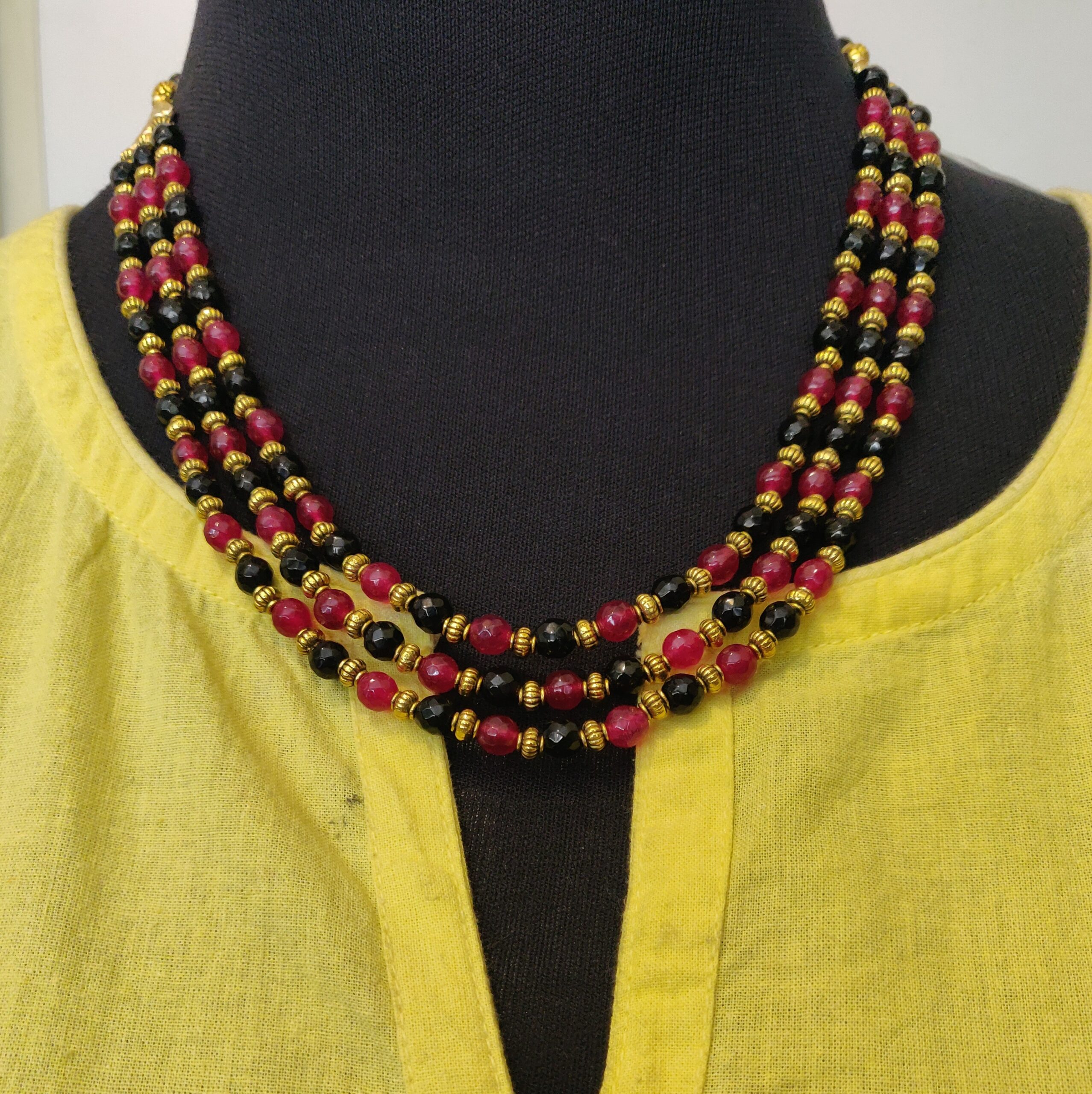 Multi layer semiprecious and brass beads necklace