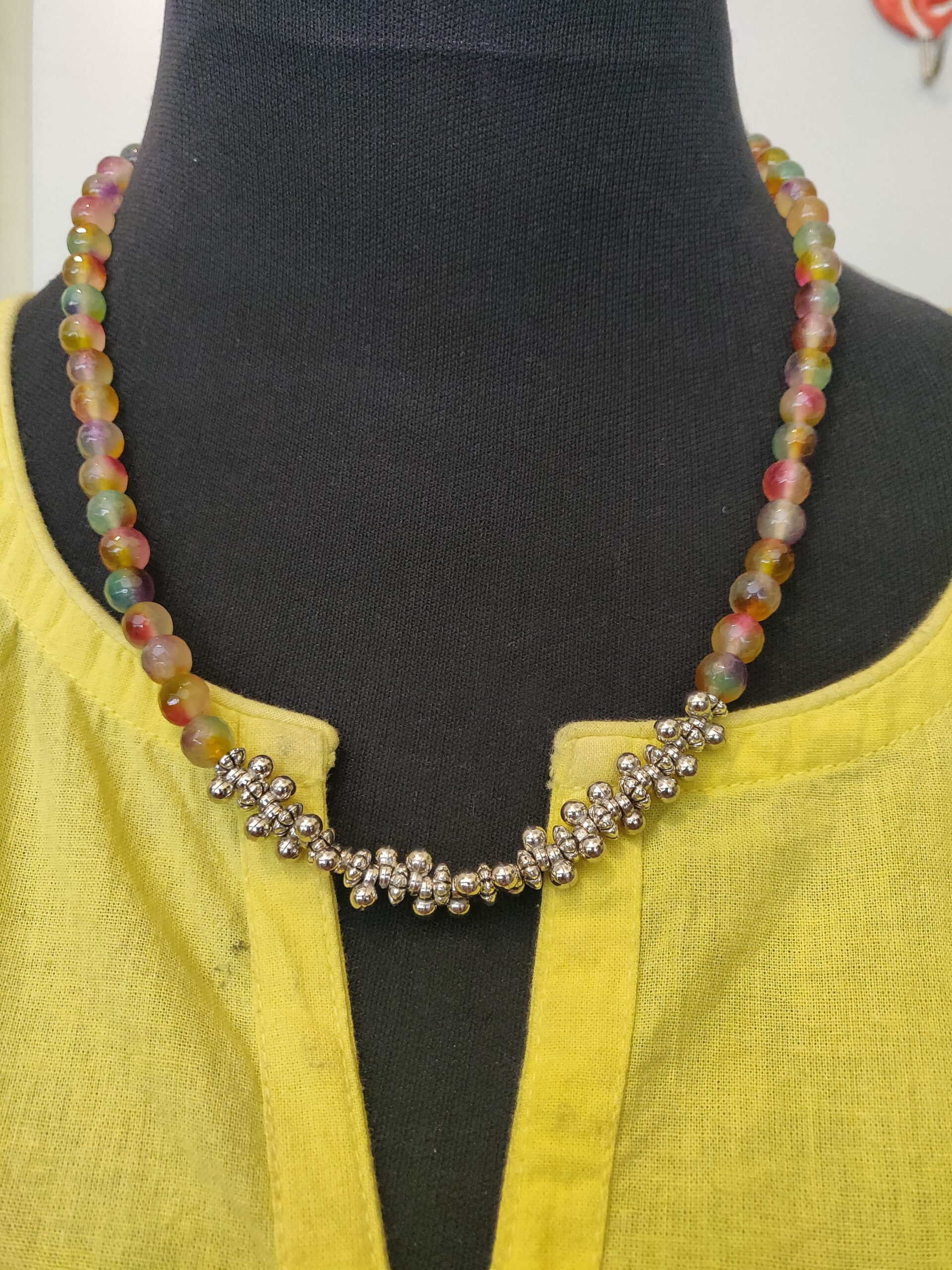 Semi precious beads with silver plated small bails charms necklace