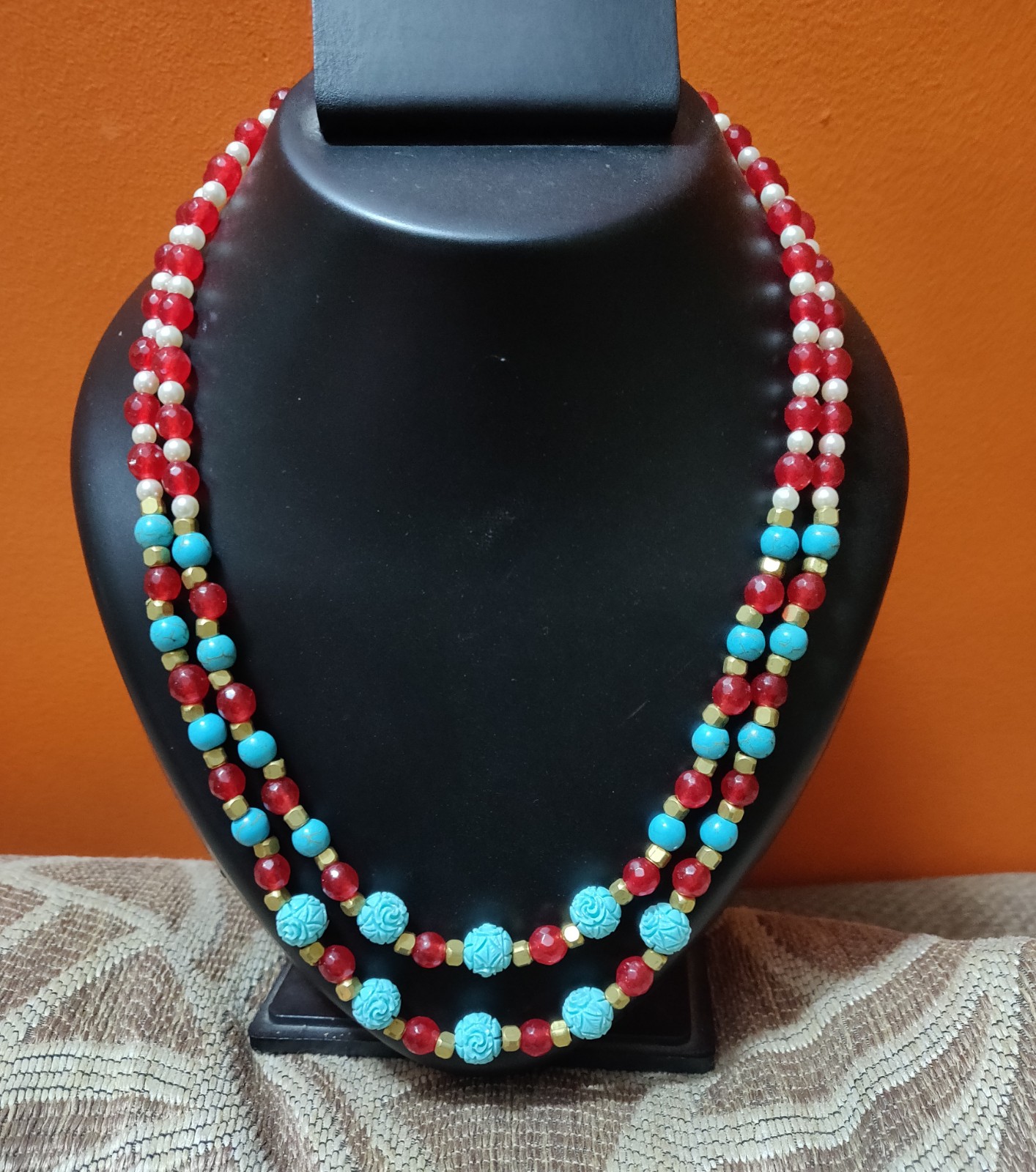 Shell pearls, semi precious and curved beads necklace