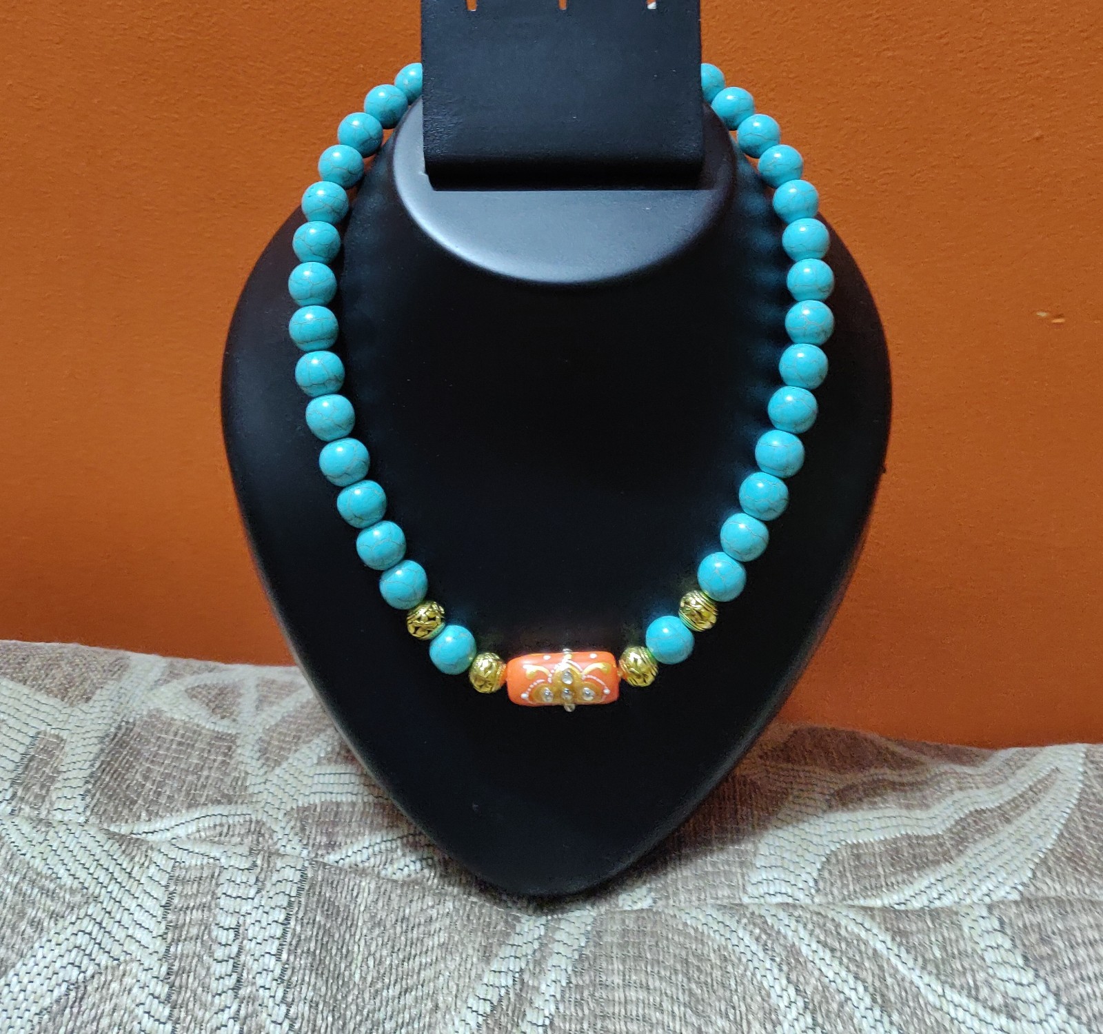 Turquoise, Coral and brass beads necklace