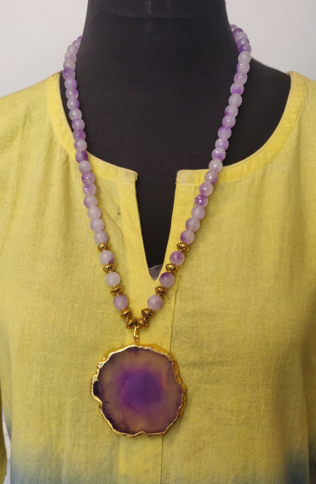 Agate slice pendant long necklace