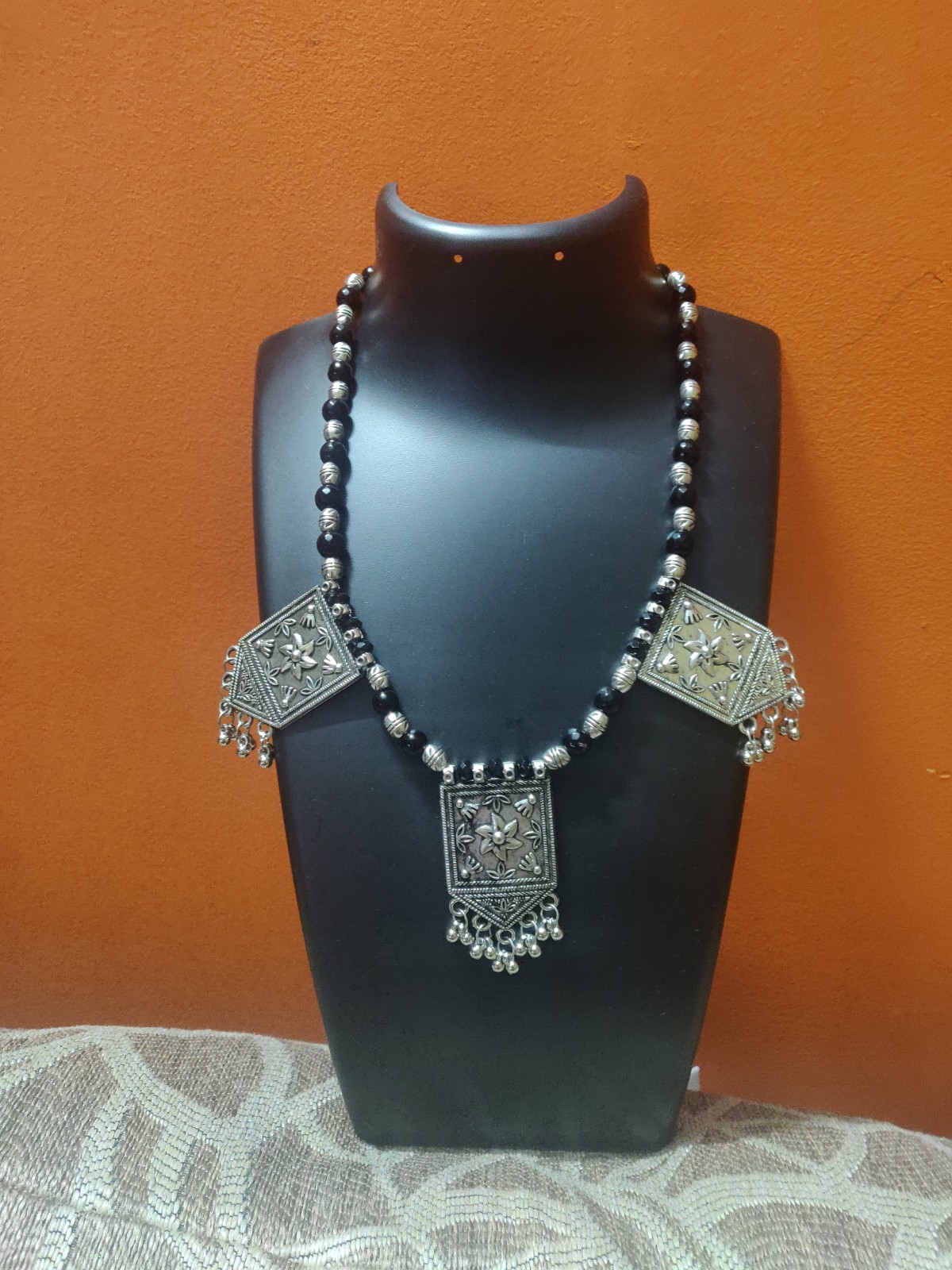 Silver colour Oxidised and black beads necklace