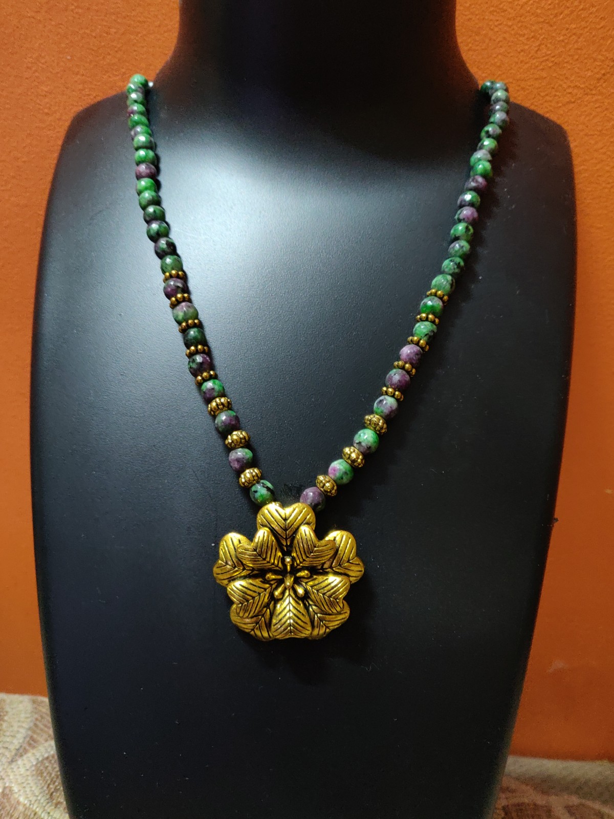 Multi colour semi precious beads necklace with flower pendant