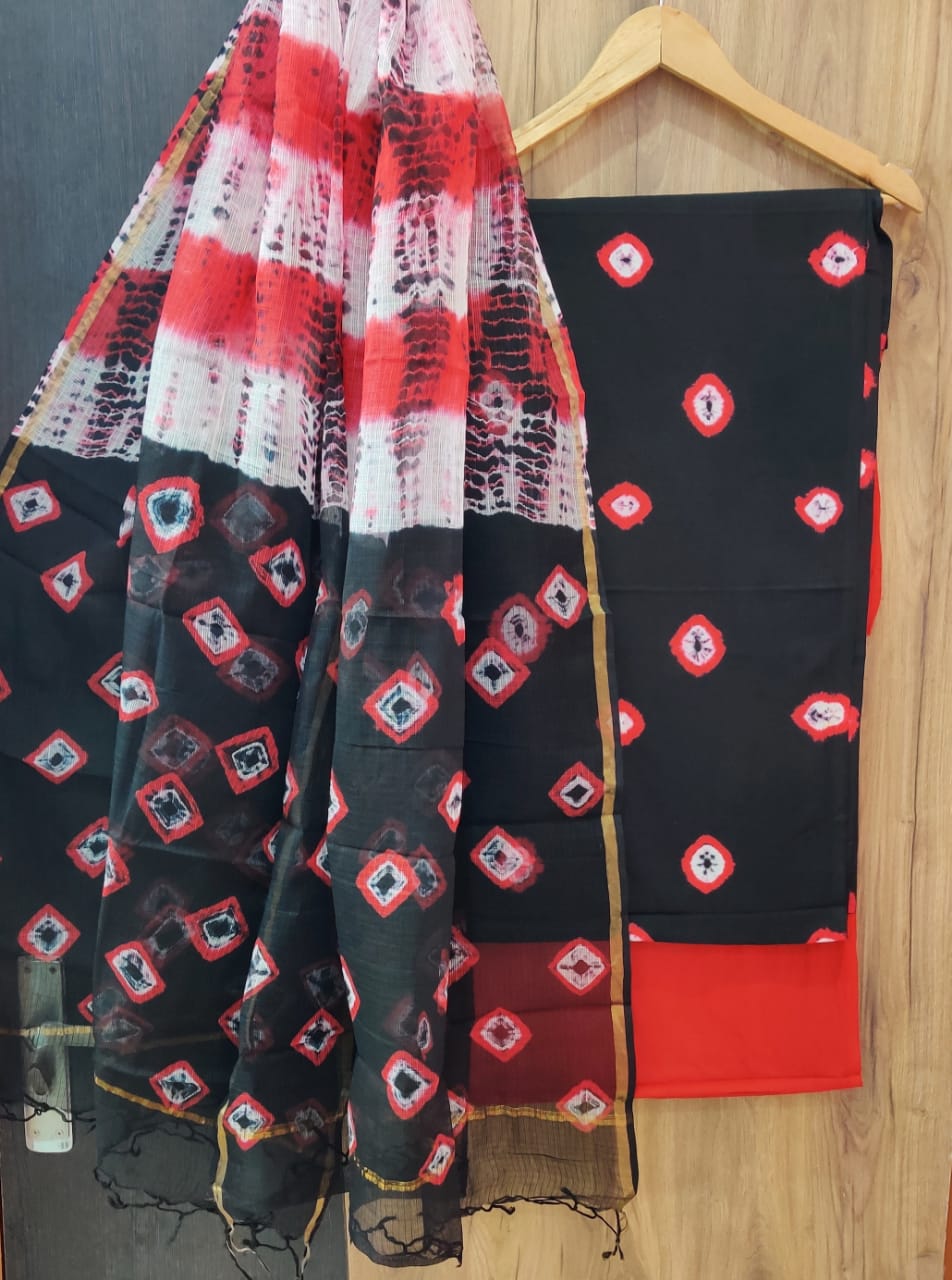 Hand block printed cotton dress material with kota cotton dupatta