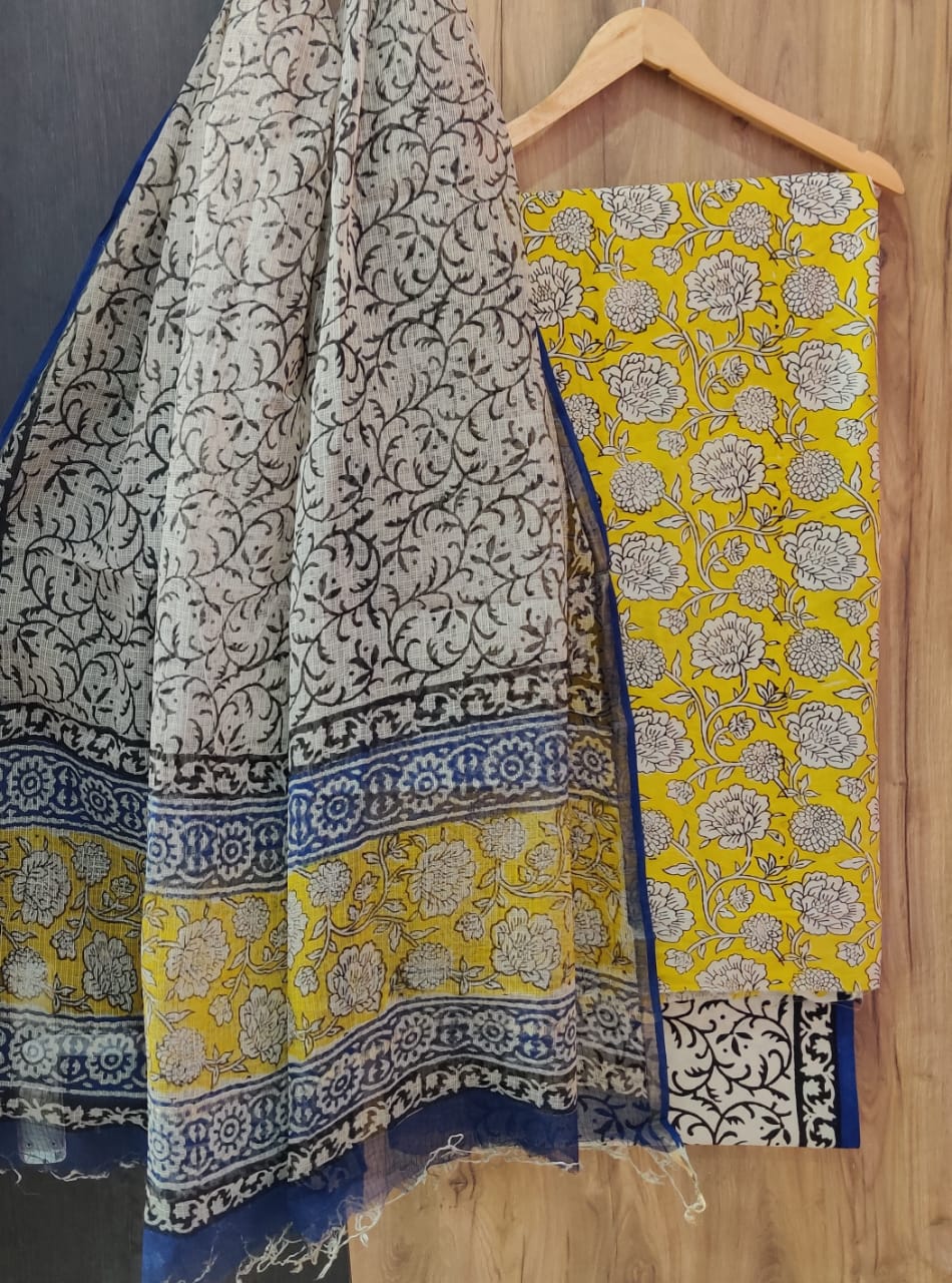 Hand block printed cotton dress material with kota cotton dupatta