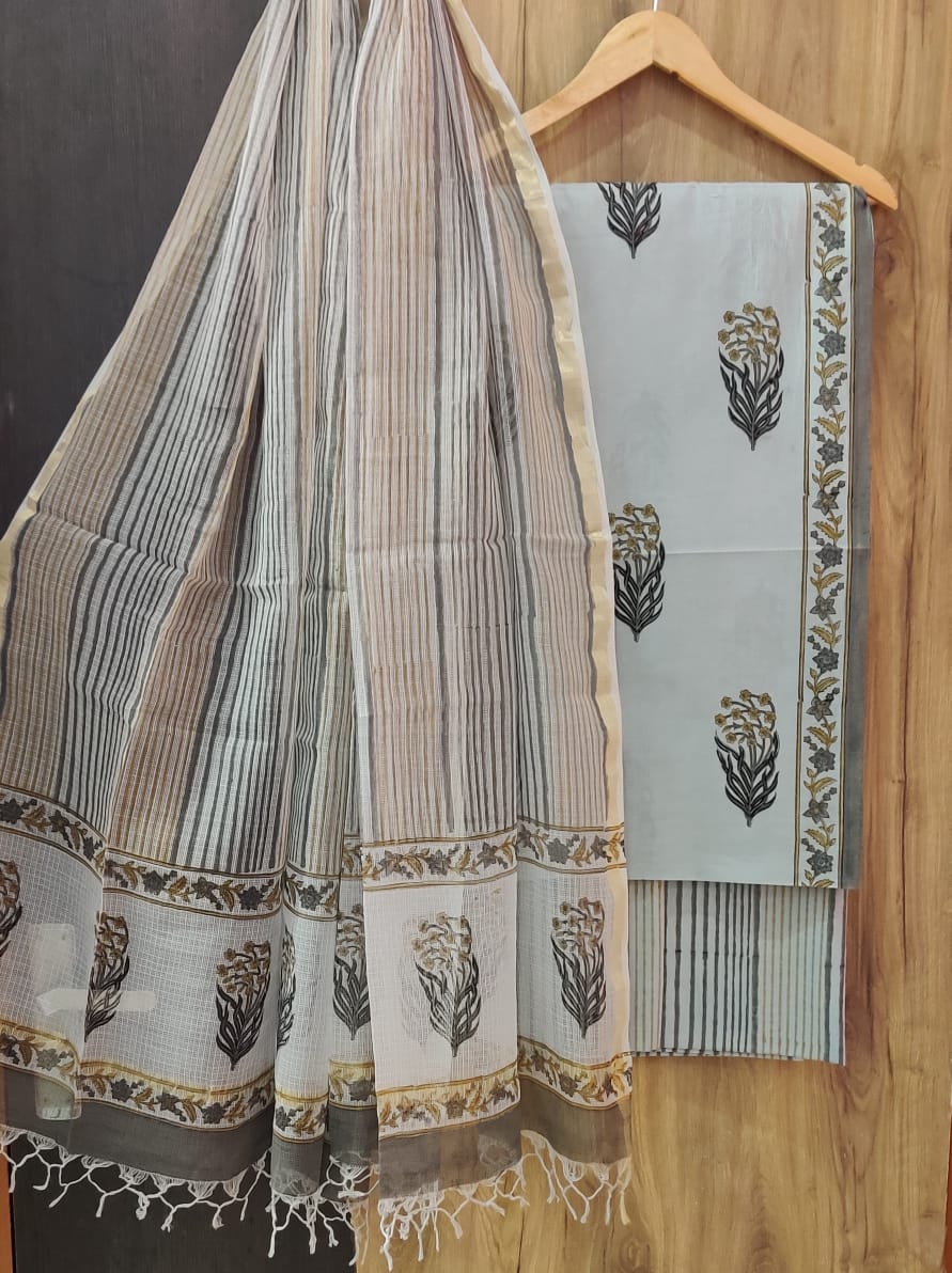 Hand block printed cotton dress material with kota cotton dupatta
