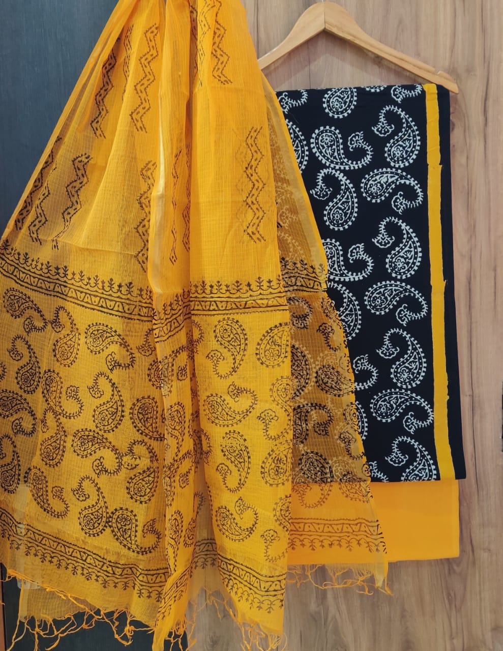 Hand block printed cotton dress material with kota cotton dupatta