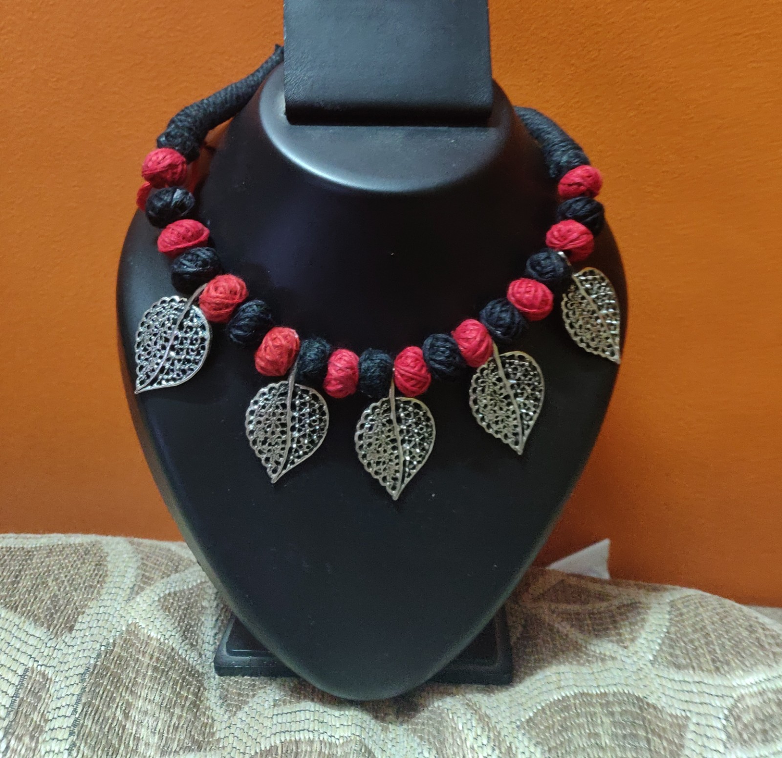 Black and Red cotton balls thread necklace