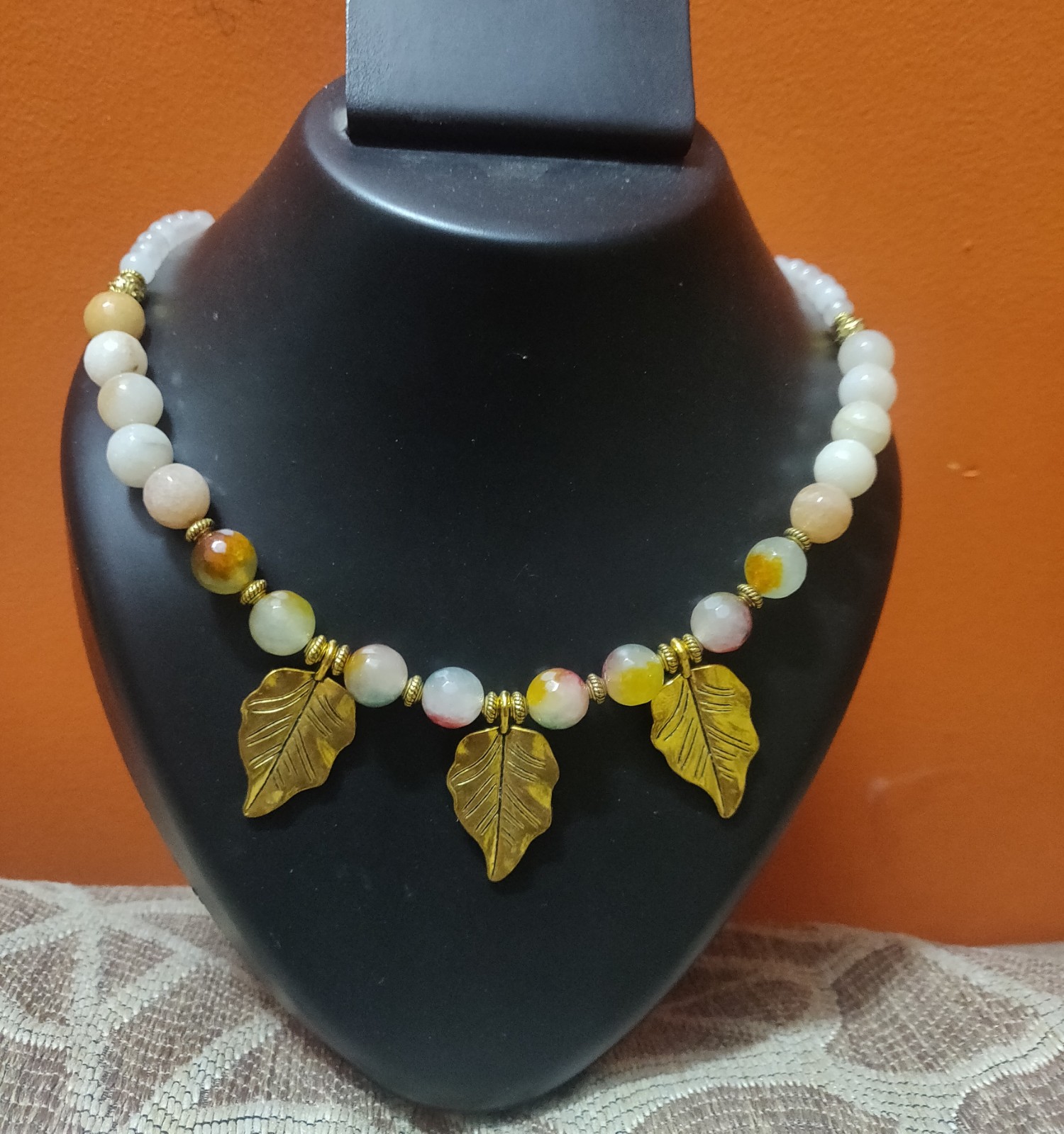 Semi precious beads with leaf charms necklace
