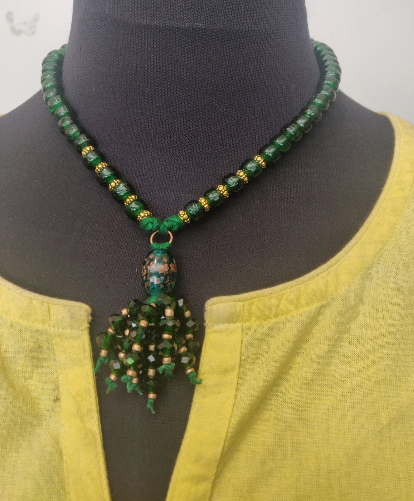 Green glass beads necklace with handmade beads tassel pendant