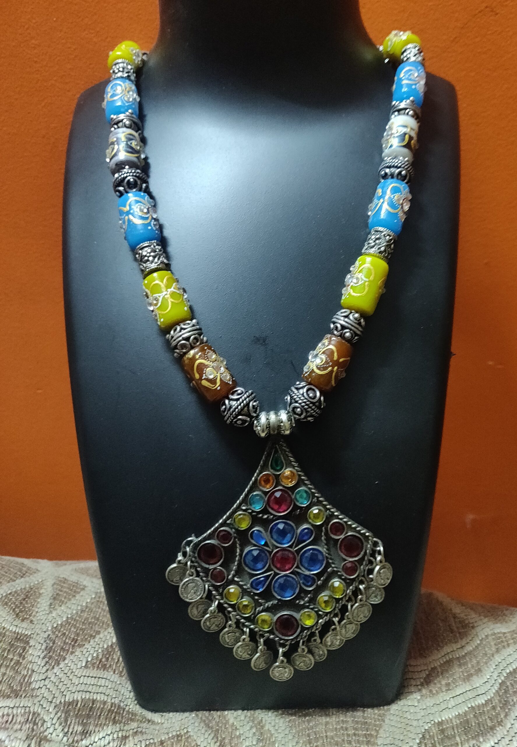 Long necklace with Design beads and Afgan pendant