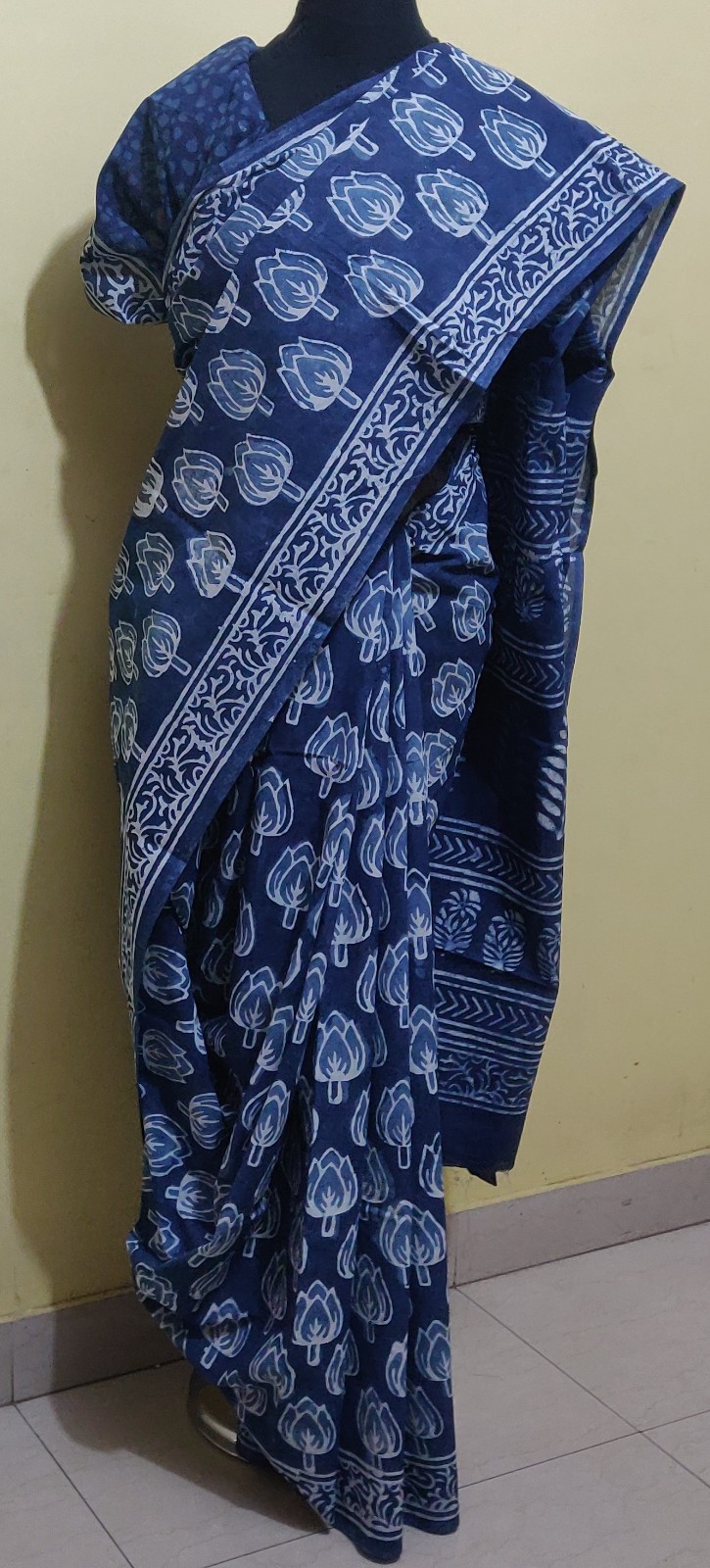 Indigo block print cotton saree with blouse