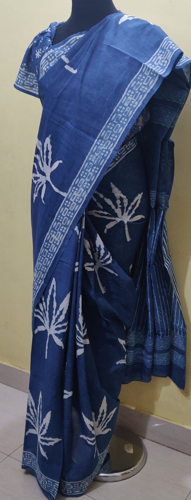 Indigo block print cotton saree with blouse