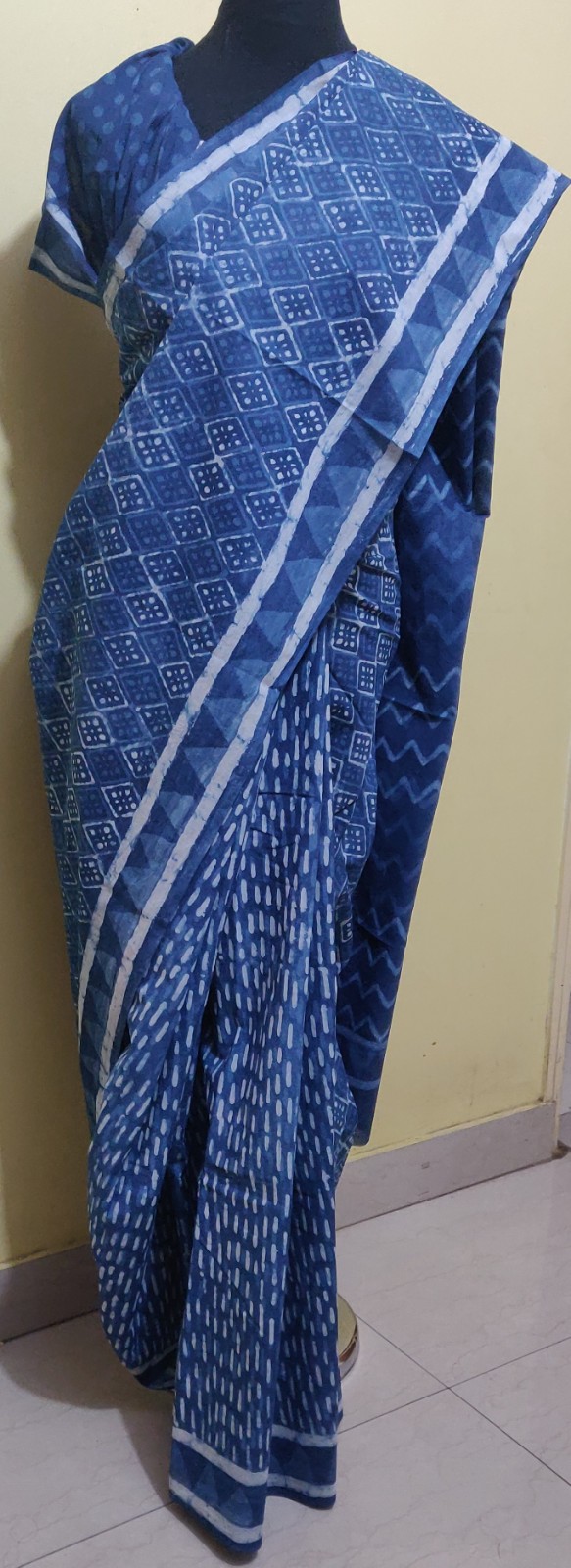 Indigo block print cotton saree with blouse