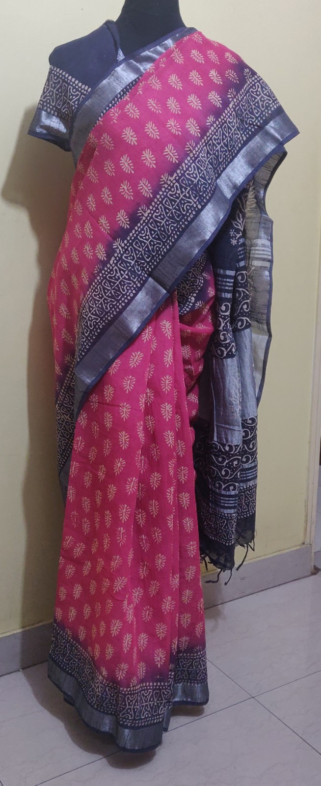 Linen by cotton saree with silver border