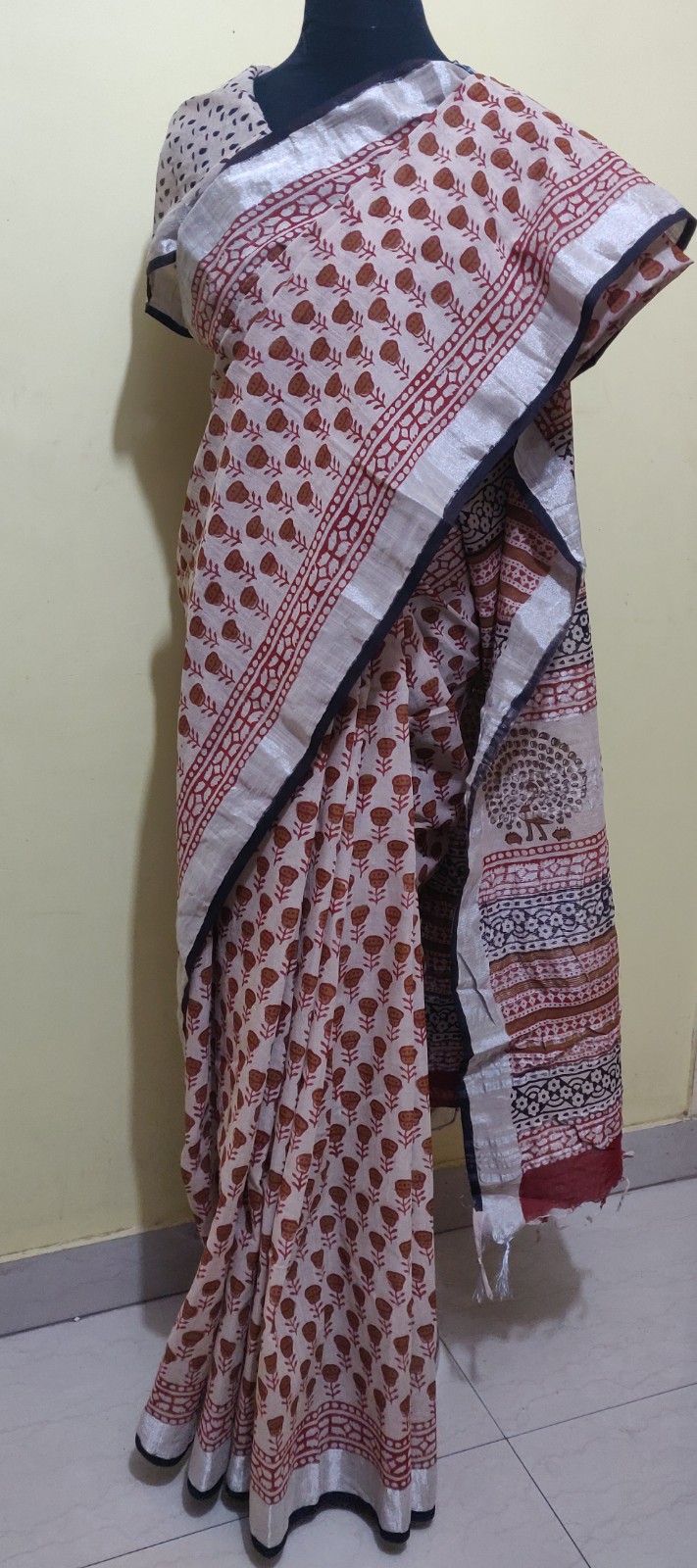 Block print Linen by cotton saree with silver border