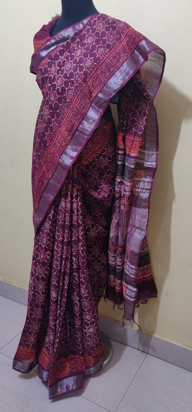 Block print Linen by cotton saree with silver border