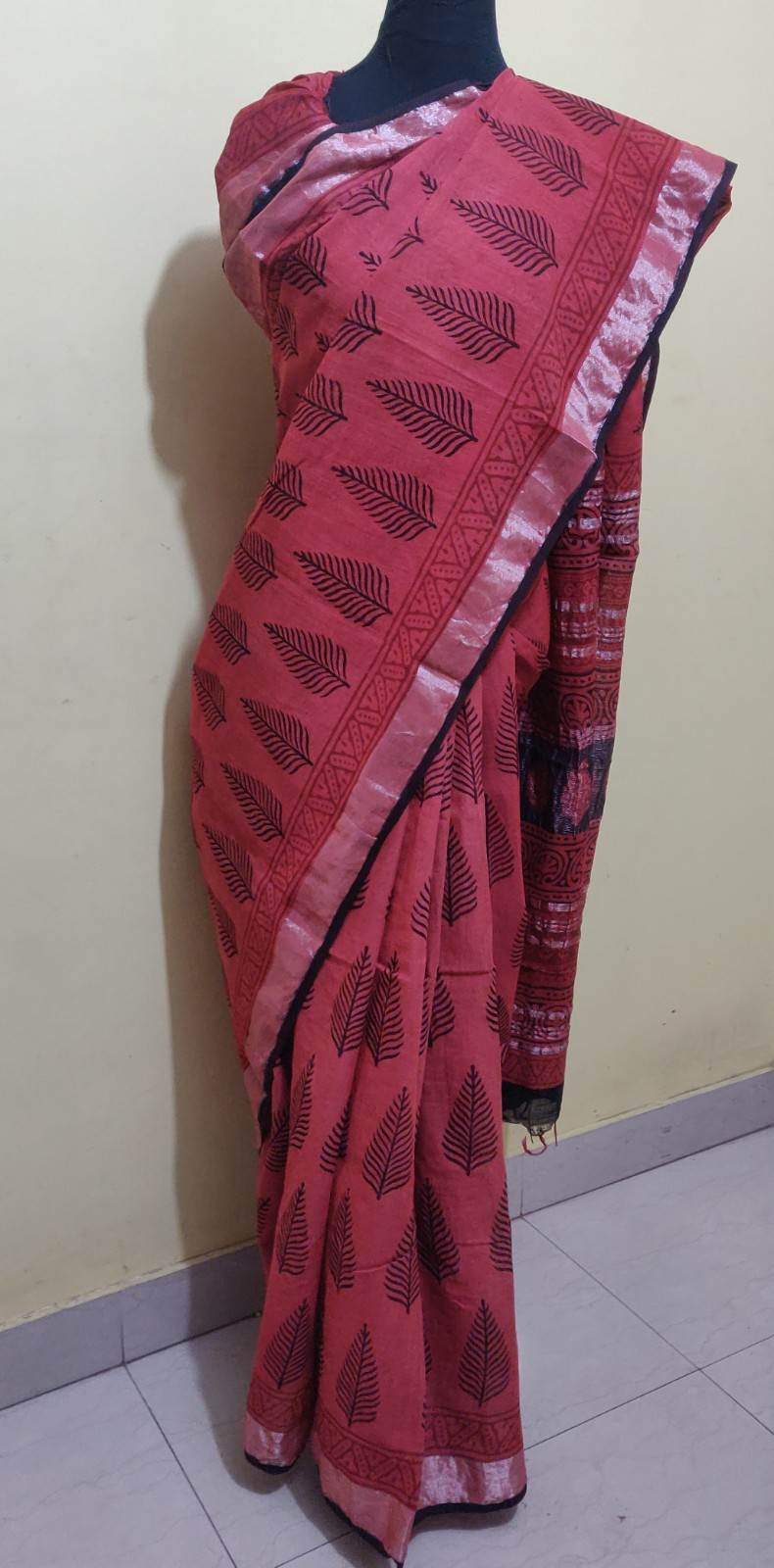 Block print Linen by cotton saree with silver border