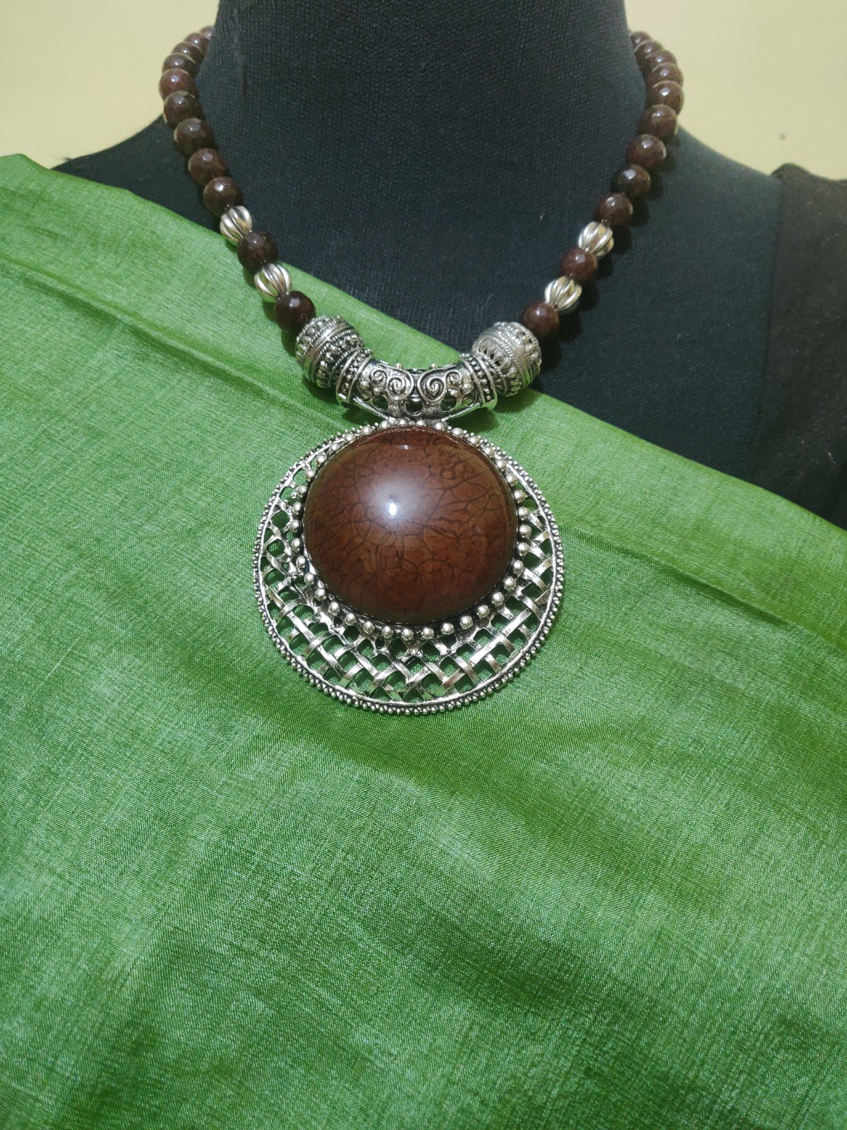 Semi precious and GS beads necklace with big pendant