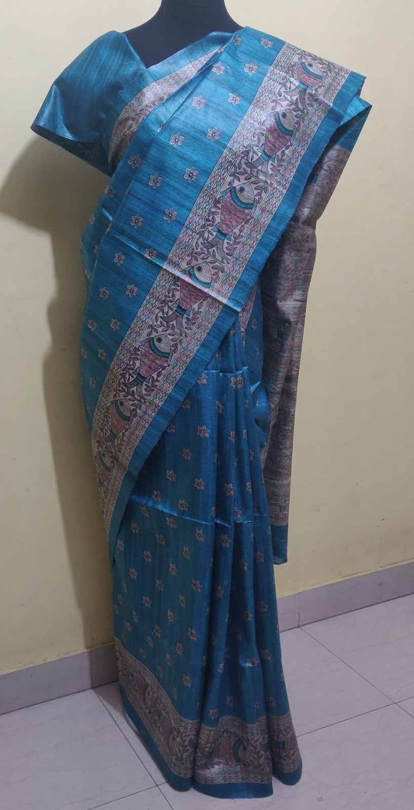 Tussar silk saree with Madhubani Paint