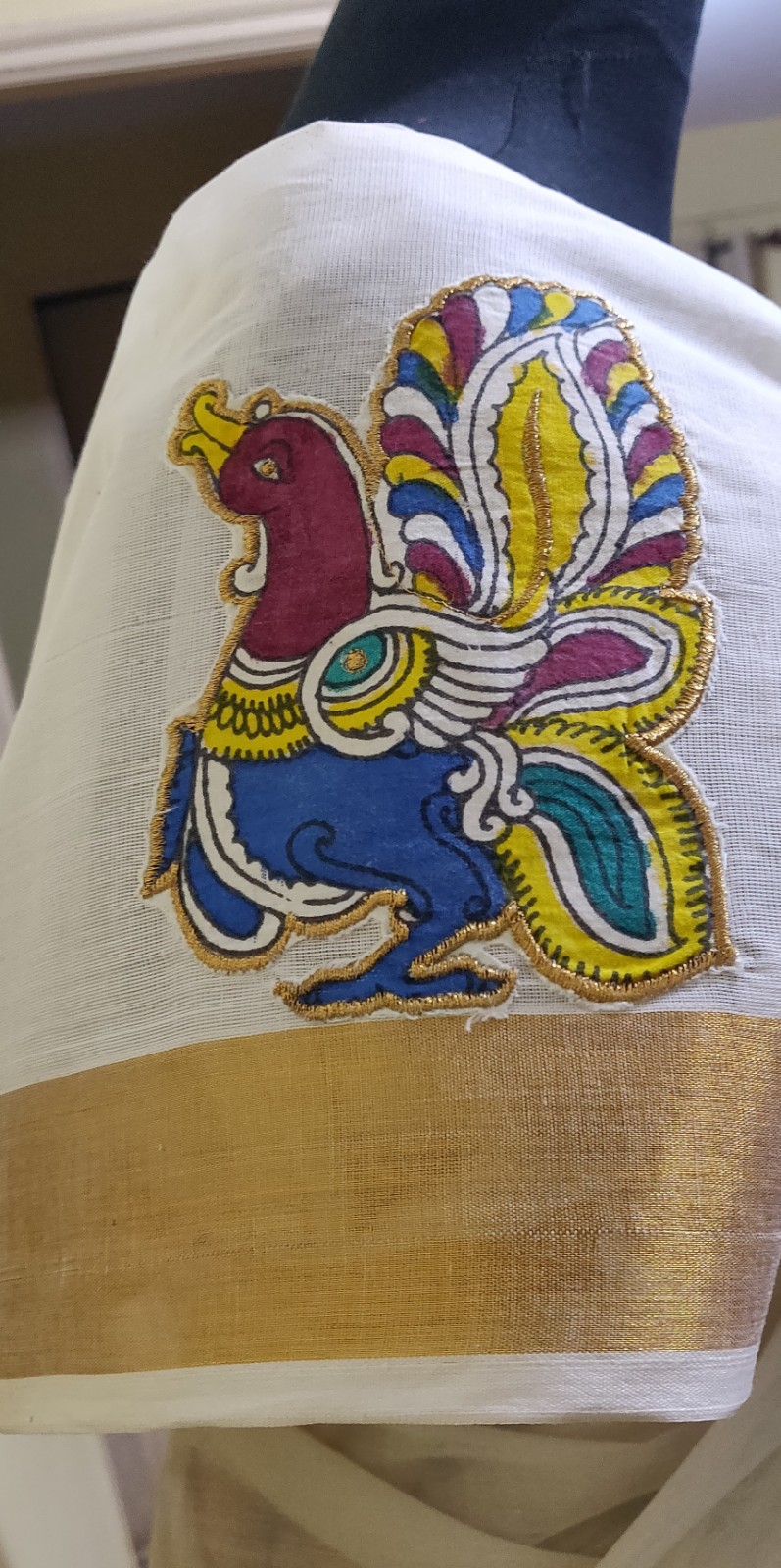 Kerala cotton saree with Pen Kalamkari applique work - Image 3