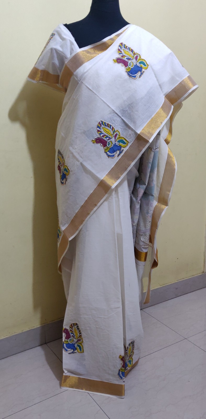 Kerala cotton saree with Pen Kalamkari applique work