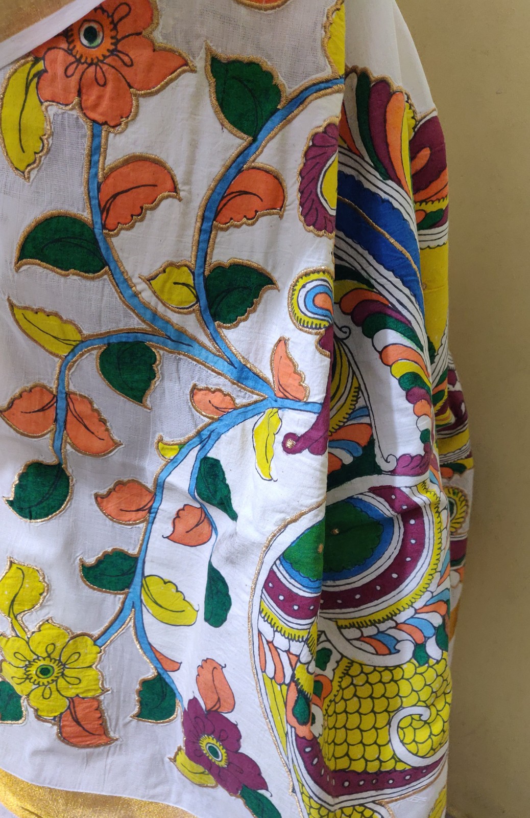 Kerala cotton saree with Pen Kalamkari applique work - Image 4