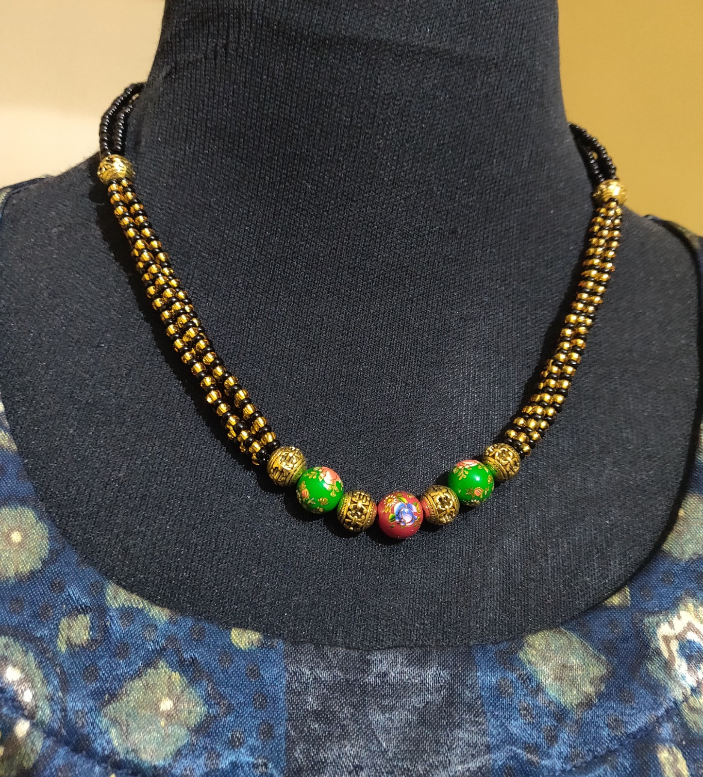 Multi layer black beads necklace with hand painted beads