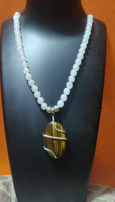Semi precious beads necklace with Tiger eye stone pendant