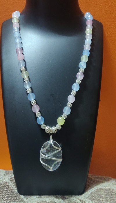 Multi color semi precious beads necklace with Crystal natural stone pendant