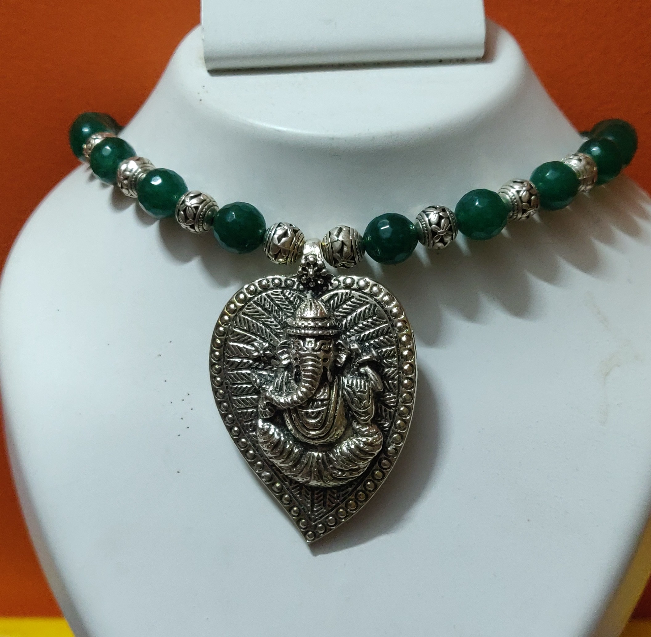Semi precious beads necklace with oxidized Ganesh pendant