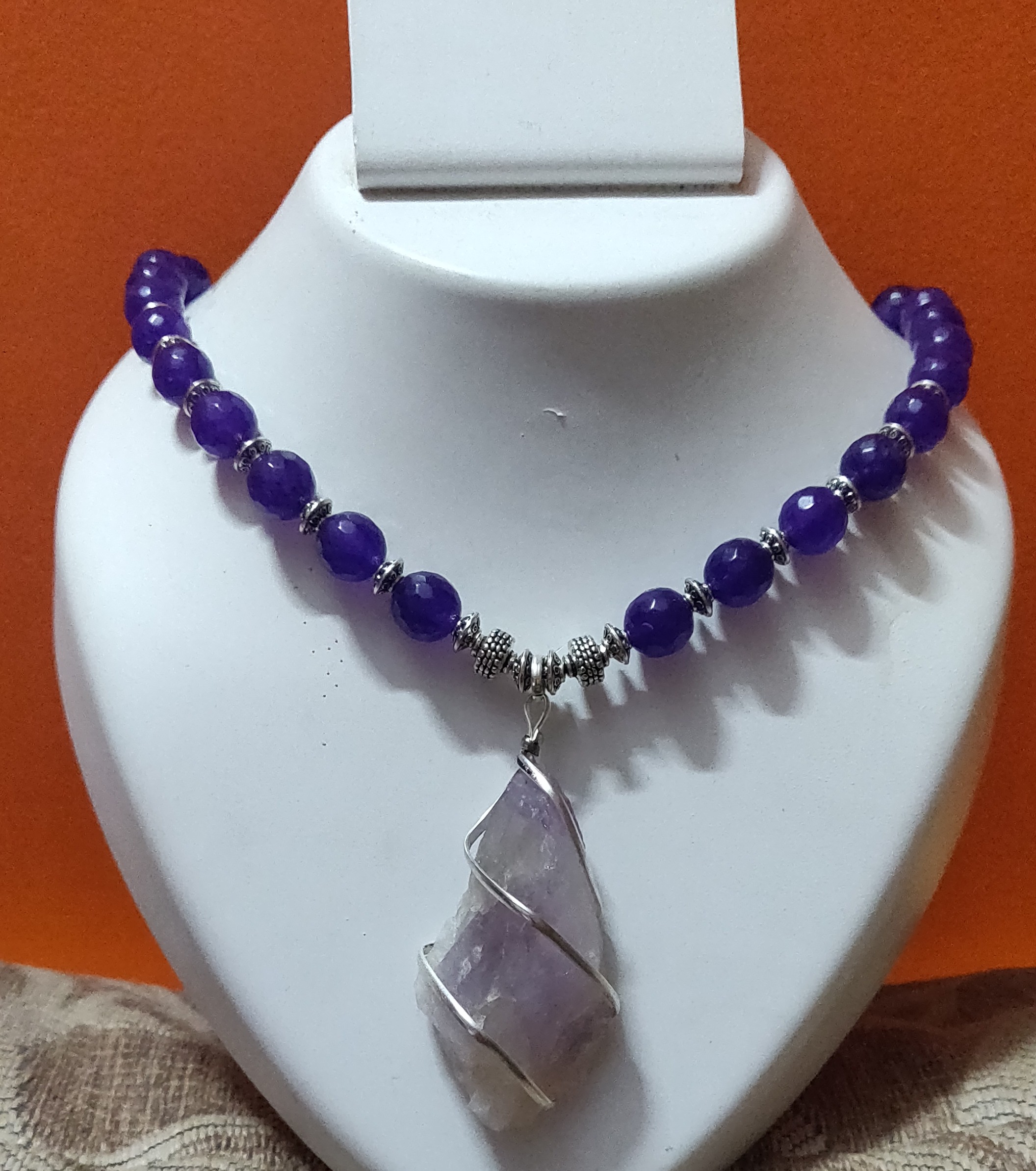 Semi precious beads necklace with amethyst stone pendant