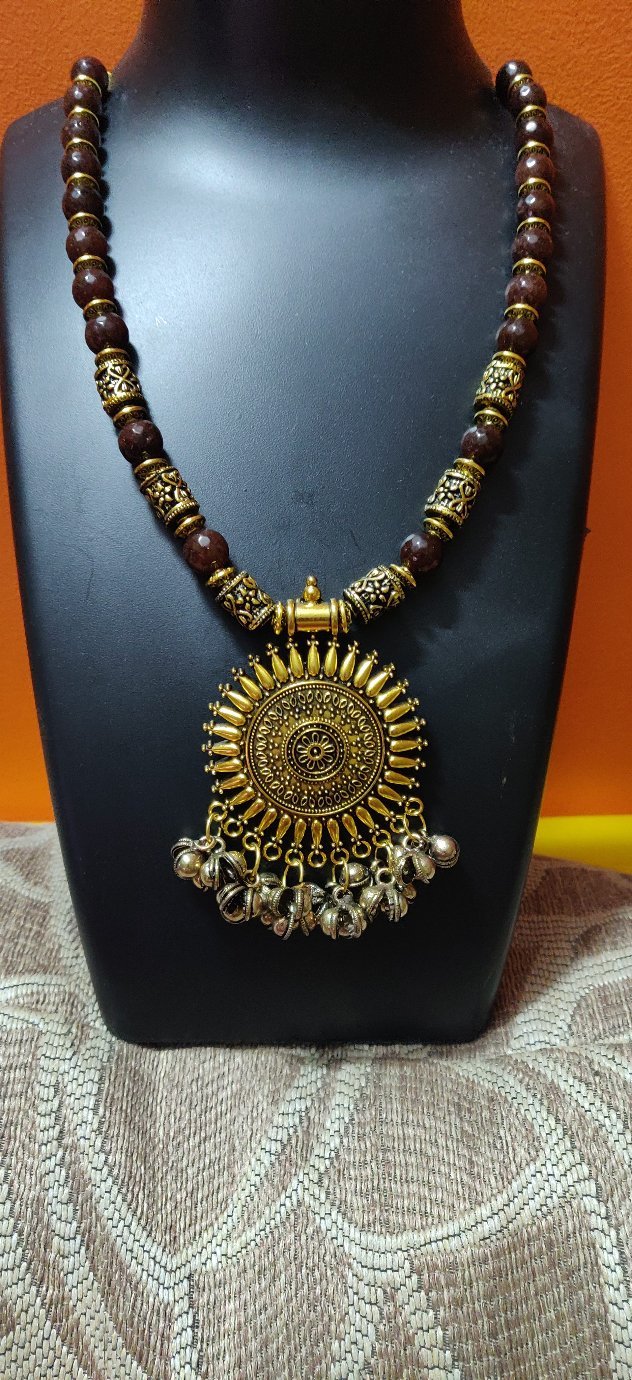 Semi precious beads necklace with oxidized beads and pendant