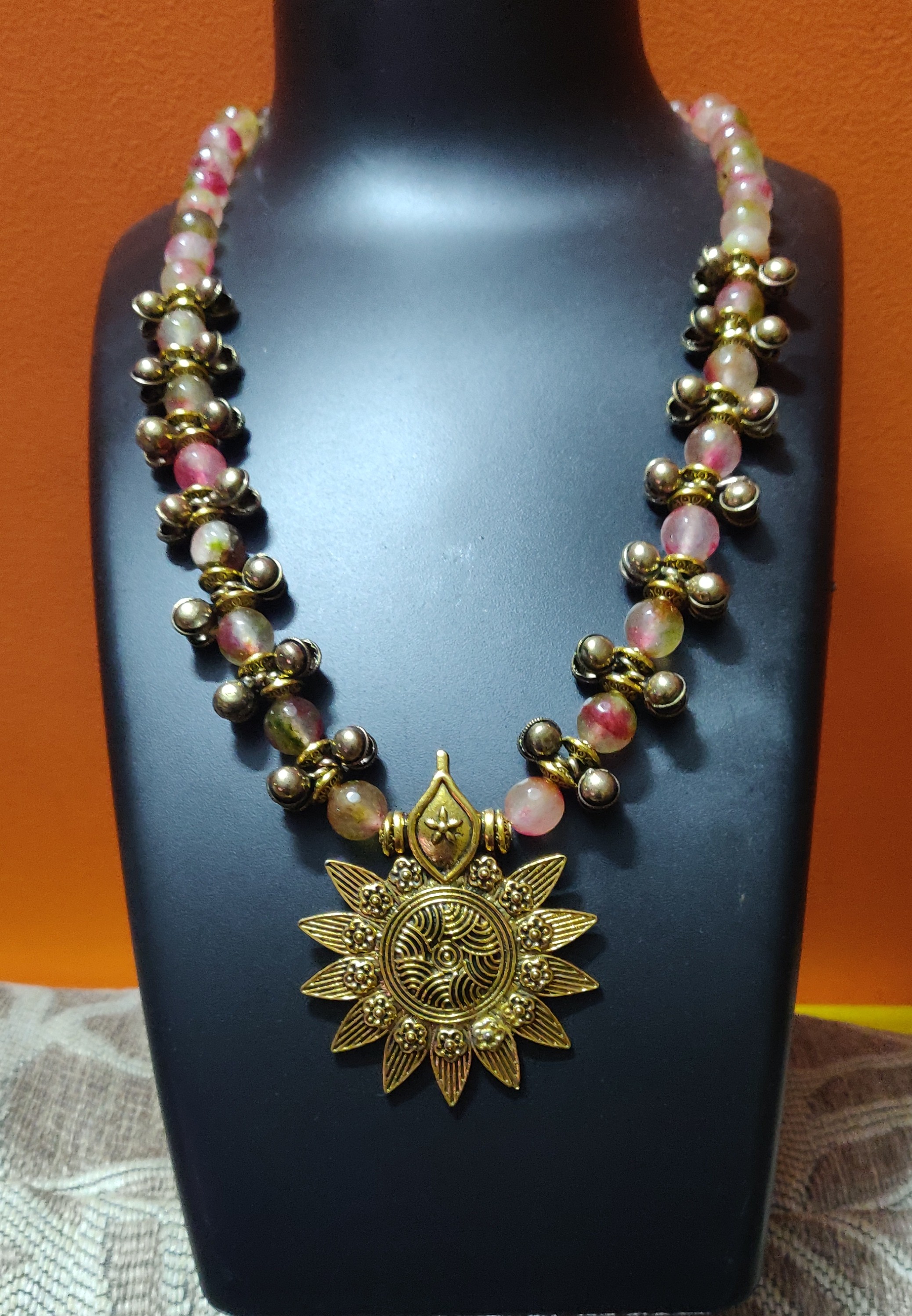 Semi precious beads necklace with oxidized pendant