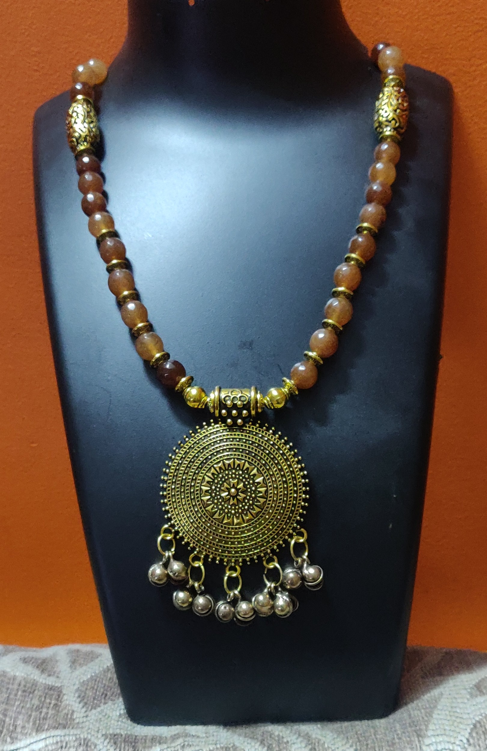 Semi precious beads necklace with oxidized pendant