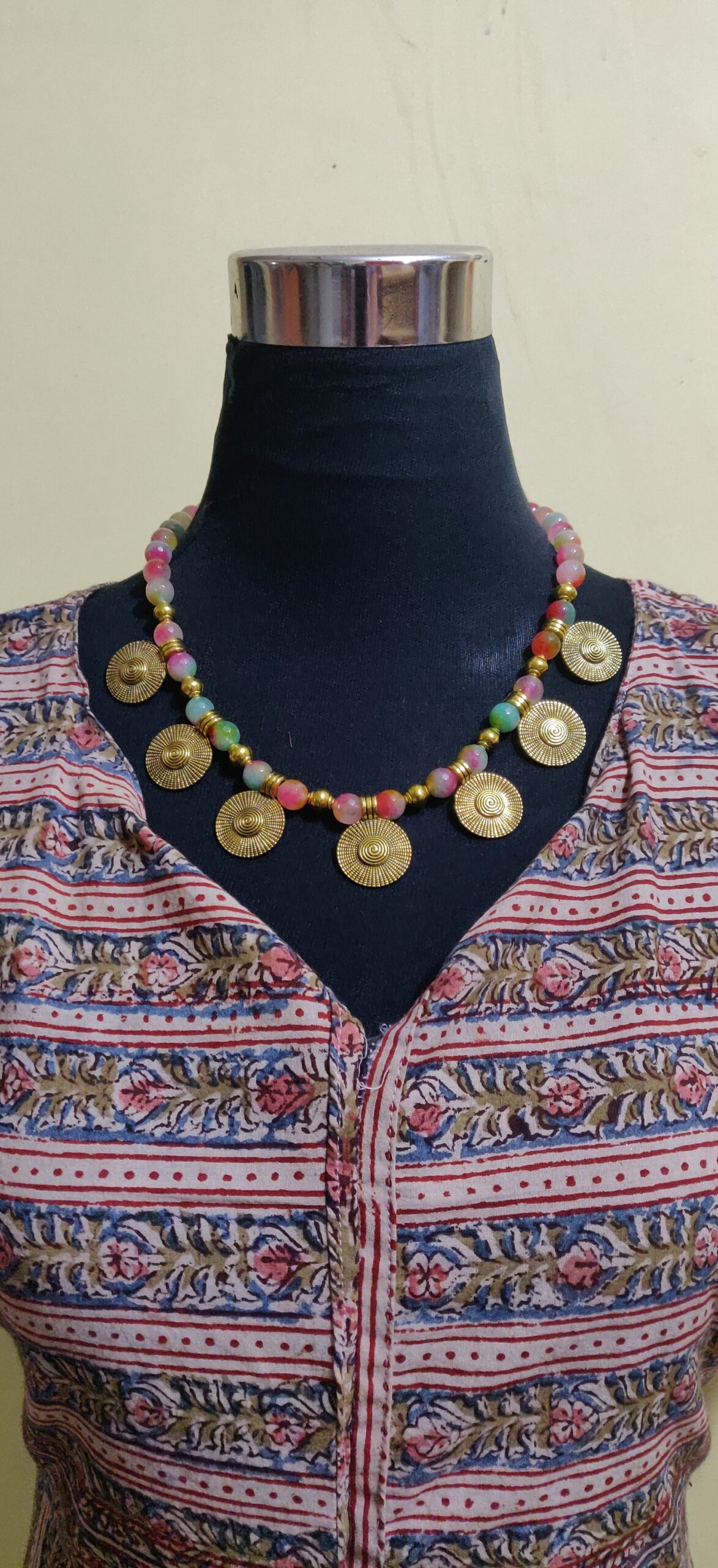 Multi colour textured semi precious beads with gold charms necklace